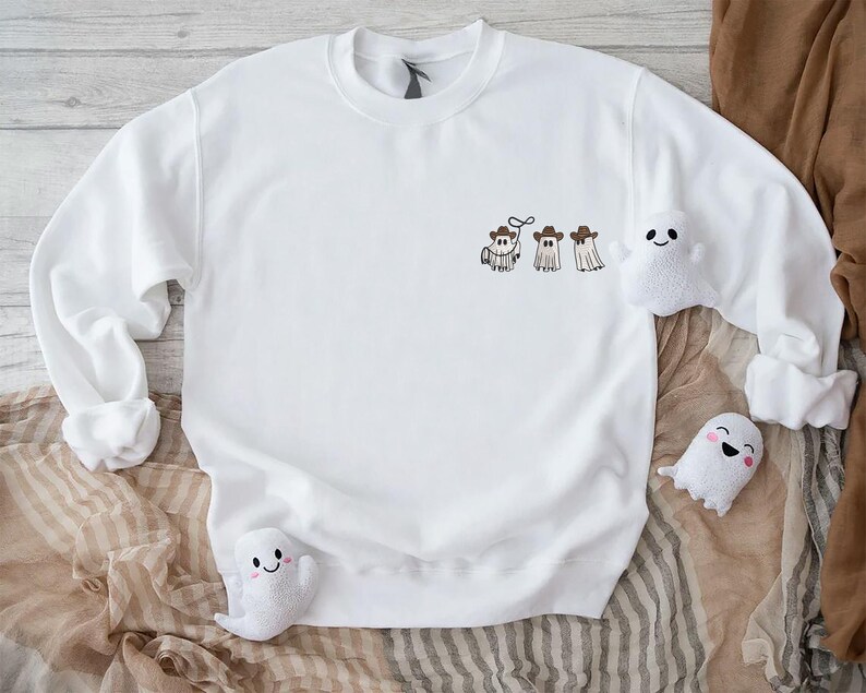 Embroidered Cowboy Ghosts Sweatshirt, Embroidery Halloween Sweater, Embroidered Western Spooky Ghost Sweater, Spooky Season Gift Sweatshirt zdjęcie 2