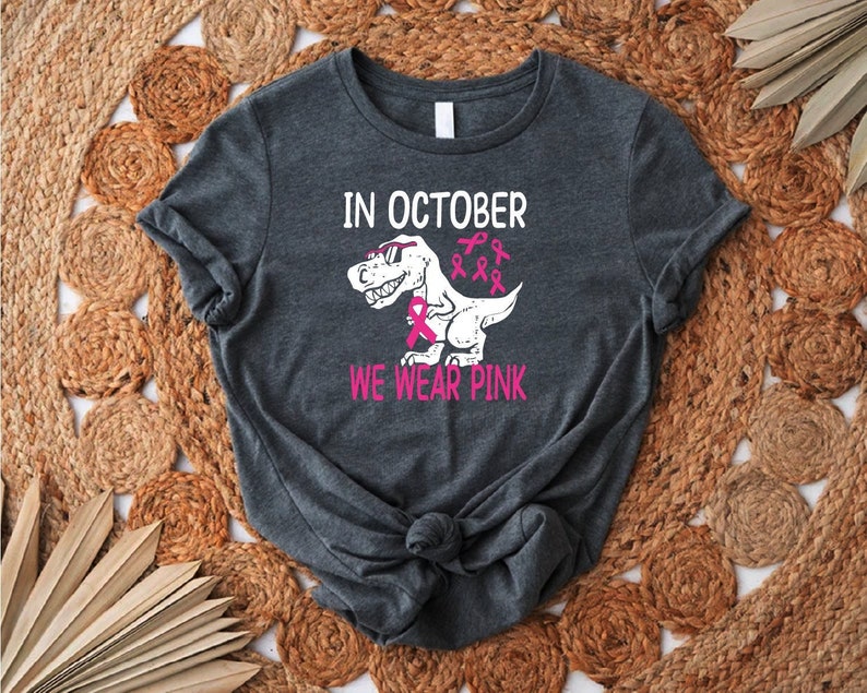 Kids Breast Cancer Awareness T-Shirt, In October We Wear Pink Dinosaur Shirt, Breast Cancer Kids Gift Shirt, Breast Cancer Support Shirt image 1