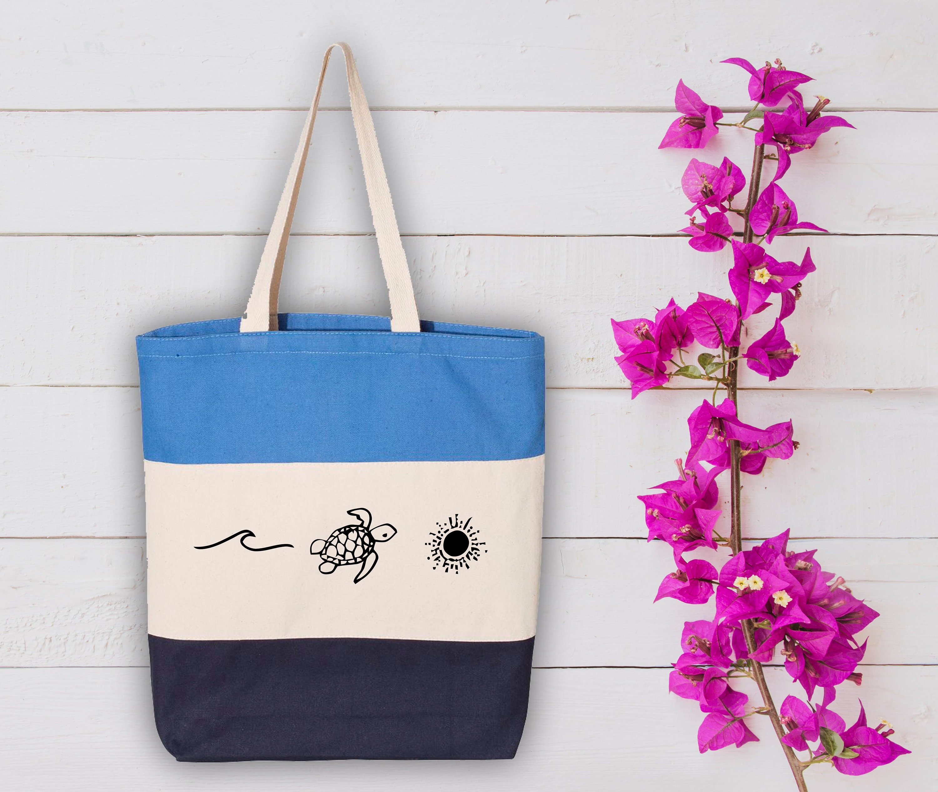 Ocean Turtle Sun Tote Bag, Sea Life Tri Color Tote Bag