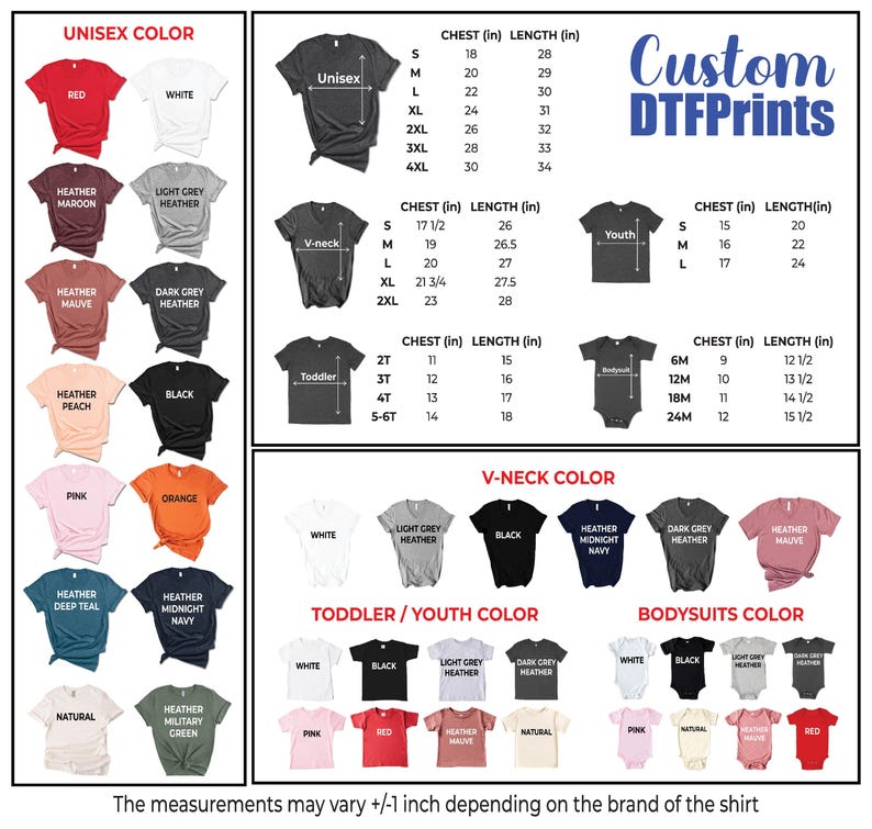 May include: A chart showing different t-shirt and bodysuit sizes and colors. The chart includes unisex, v-neck, toddler, youth, and bodysuit styles. The chart also includes a variety of colors, including red, white, black, heather grey, and heather peach. The chart is titled "Custom DTFPrints".