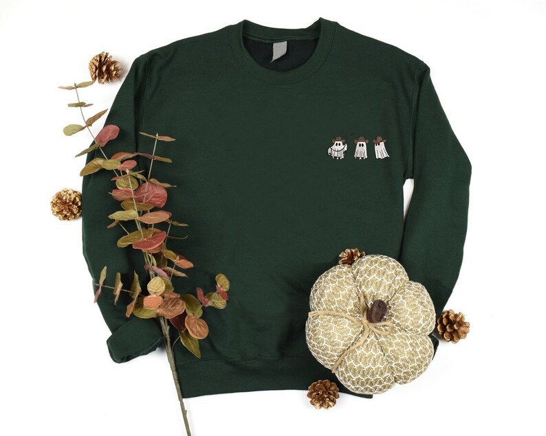 Embroidered Cowboy Ghosts Sweatshirt, Embroidery Halloween Sweater, Embroidered Western Spooky Ghost Sweater, Spooky Season Gift Sweatshirt zdjęcie 3