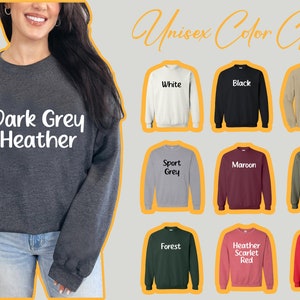 a woman wearing a dark grey sweatshirt with the words dark grey heather on it