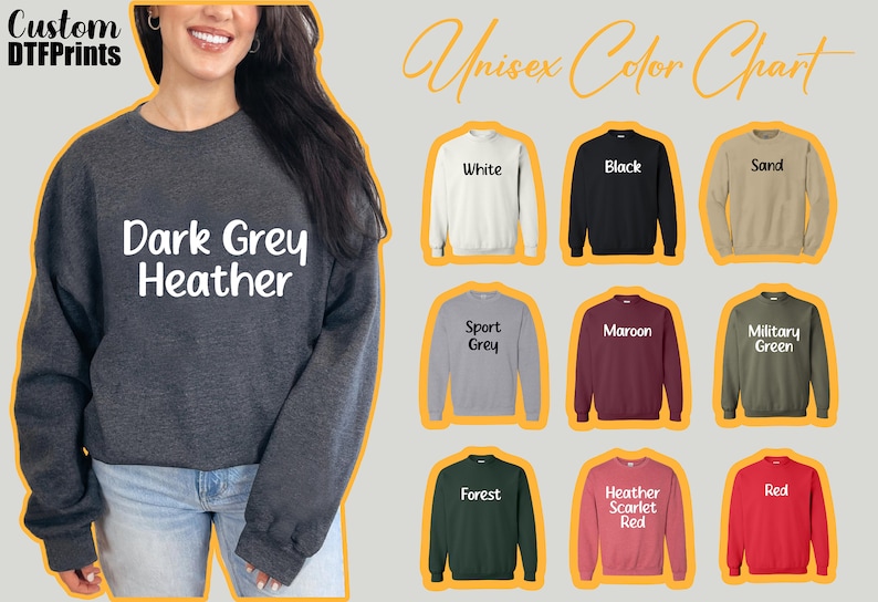 a woman wearing a dark grey sweatshirt with the words dark grey heather on it