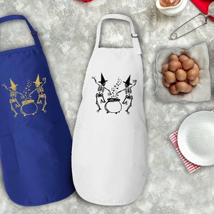 a blue and white apron with a picture of a dog on it