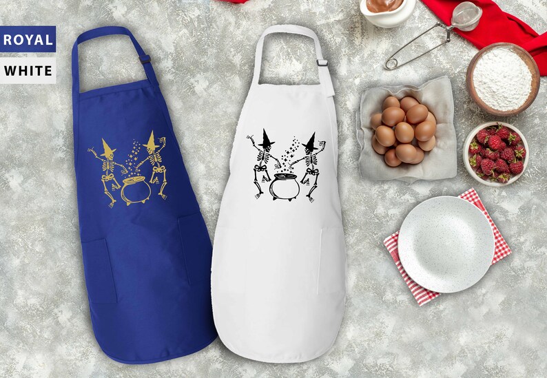 a blue and white apron with a picture of a dog on it