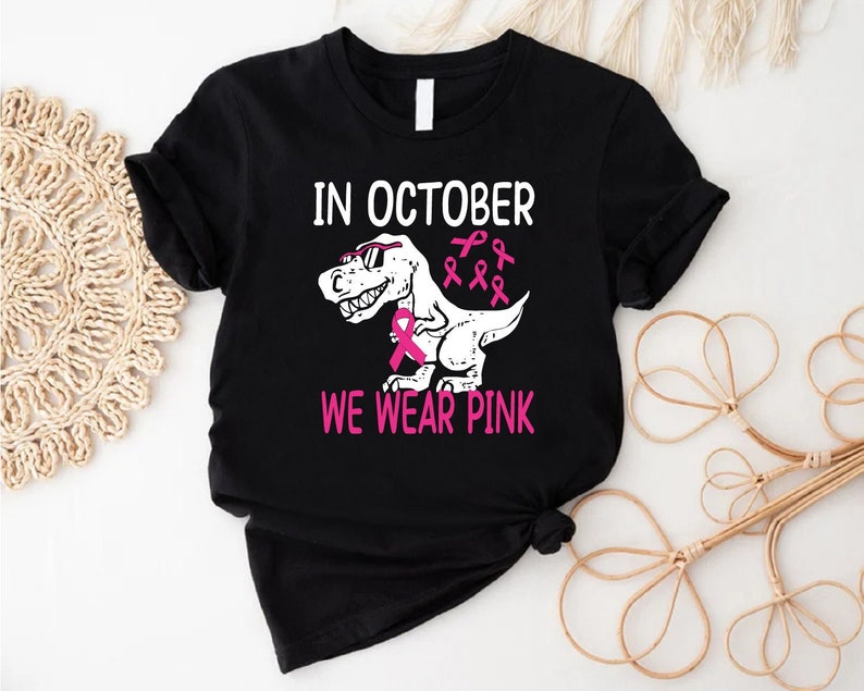 Kids Breast Cancer Awareness T-Shirt, In October We Wear Pink Dinosaur Shirt, Breast Cancer Kids Gift Shirt, Breast Cancer Support Shirt image 4