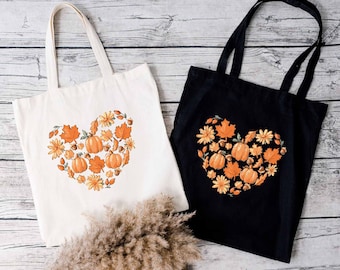 Love Fall Tote Bag, Fall Vibes Tote Bag, Thanksgiving Tote Bag, Autumn Thankful Tote Bag, Fall Pumpkin Shoulder Tote Bag,Fall Heart Tote Bag