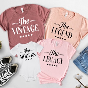 May include: Set of four t-shirts with the words "The Vintage", "The Legend", "The Modern", and "The Legacy" printed on them. Each shirt has five stars printed below the text.