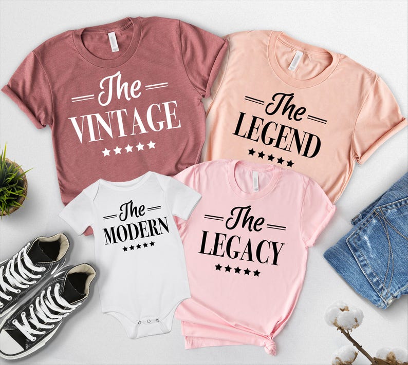 May include: Set of four t-shirts with the words "The Vintage", "The Legend", "The Modern", and "The Legacy" printed on them. Each shirt has five stars printed below the text.