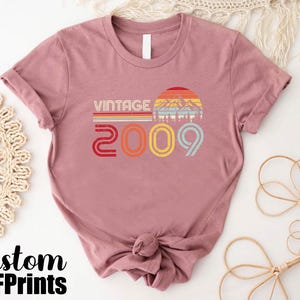 May include: A pink t-shirt with a vintage design featuring a mountain range and the text "Vintage 2009".