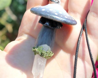 Black Mushroom Quartz Necklace: Whimsical Handmade Clay Pendant