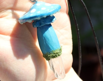 Blue Mushroom Quartz Necklace: Glow-in-the-Dark Whimsical Jewelry