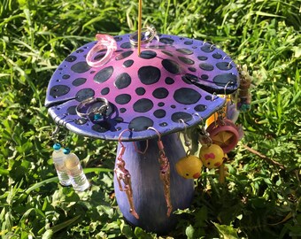Purple Mushroom  Hand-Sculpted Jewelry Stand, Incense Holder, Cottagecore Decor