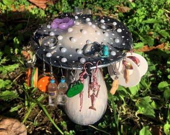 Hand-sculpted Black Mushroom Jewelry Stand, Cottagecore Fairycore Decor, Ring Holder, Incense Stick Holder