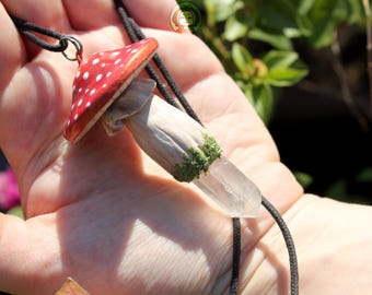 Red Mushroom Quartz Necklace: Handmade Whimsical Clay Pendant