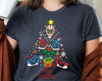 Christmas Hockey Tree T-Shirt, Holiday Sport Tee