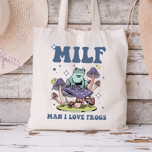 Retro Frog Tote Bag, Funny Froggy Bag, Cottagecore Tote Bag, Mushroom Tote Bag, Toad Bag, Frog Lover Bag, Frogcore Tote Bag,Man I Love Frogs