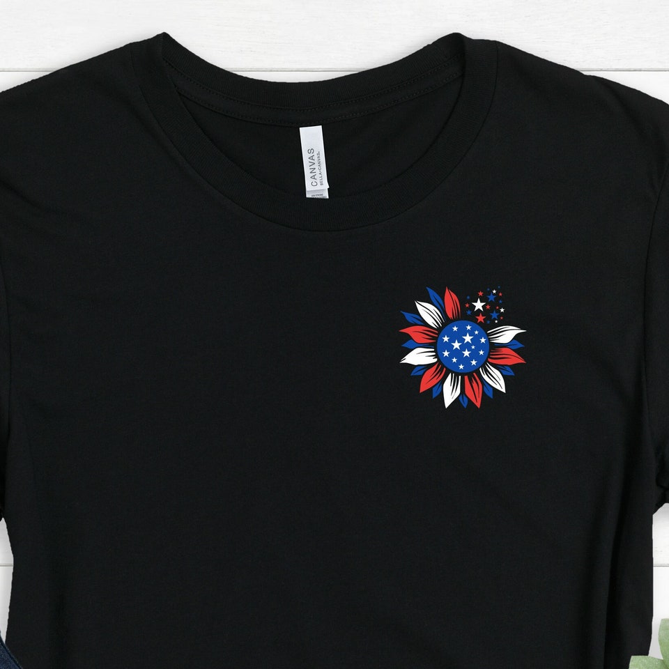 Discover USA Flag Sunflower Shirt, Pocket Design Shirt, Sunflower Shirt, USA Flag Shirt, Fourth of July Shirt