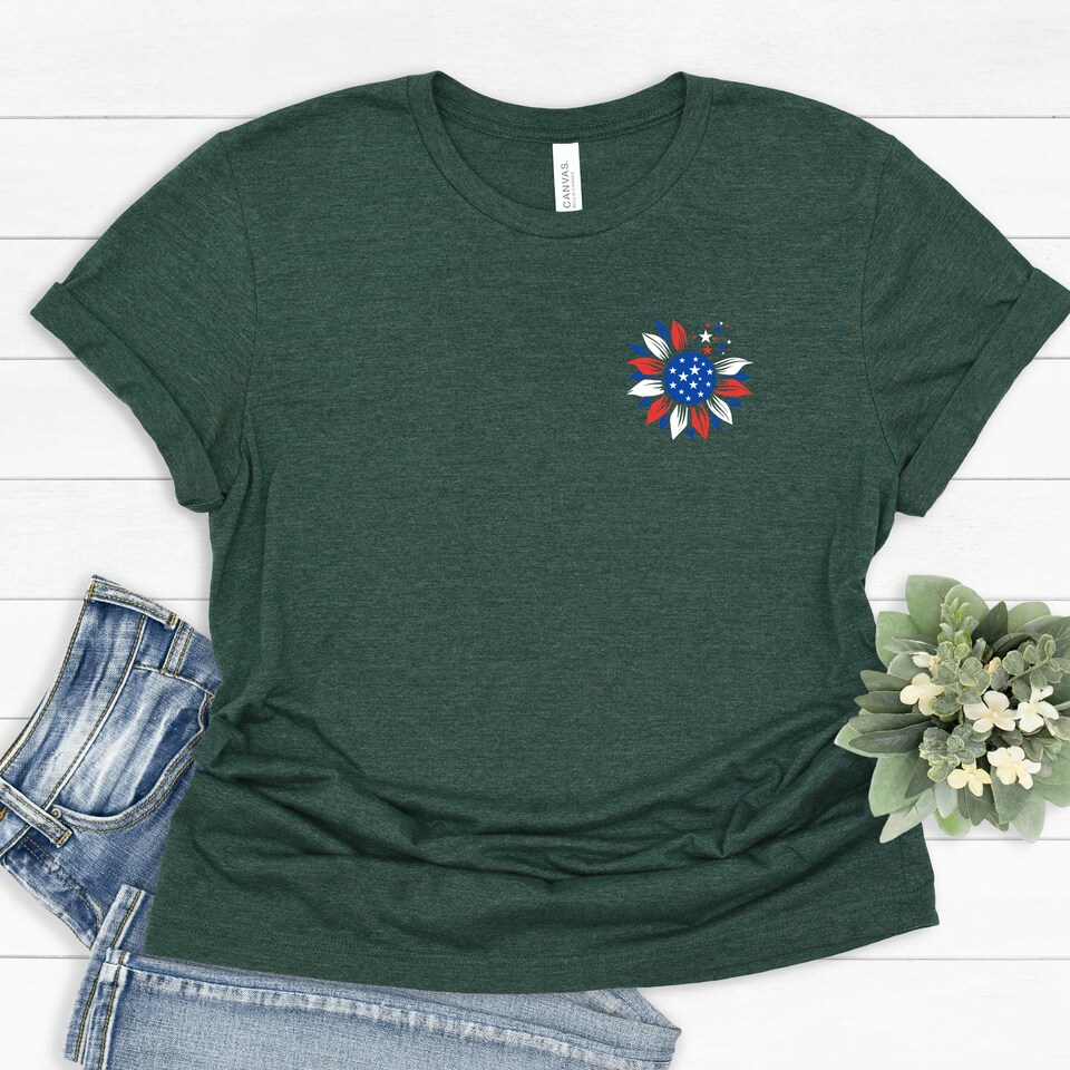 Discover USA Flag Sunflower Shirt, Pocket Design Shirt, Sunflower Shirt, USA Flag Shirt, Fourth of July Shirt