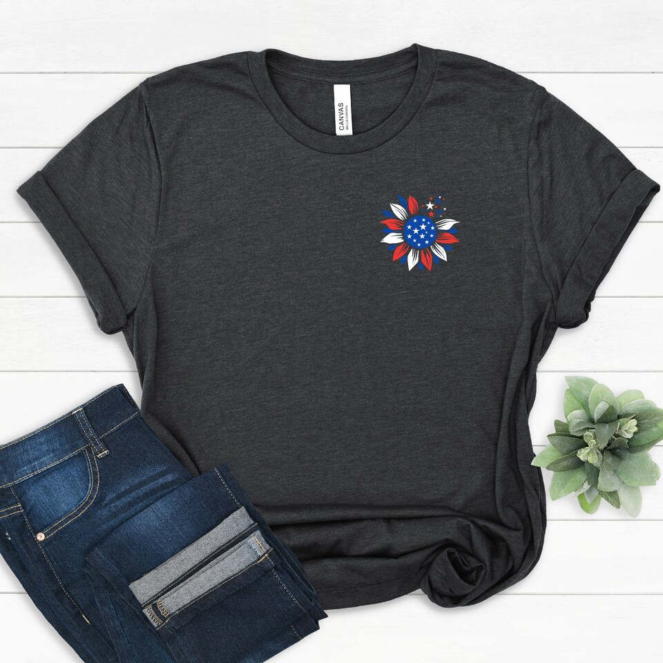 Discover USA Flag Sunflower Shirt, Pocket Design Shirt, Sunflower Shirt, USA Flag Shirt, Fourth of July Shirt