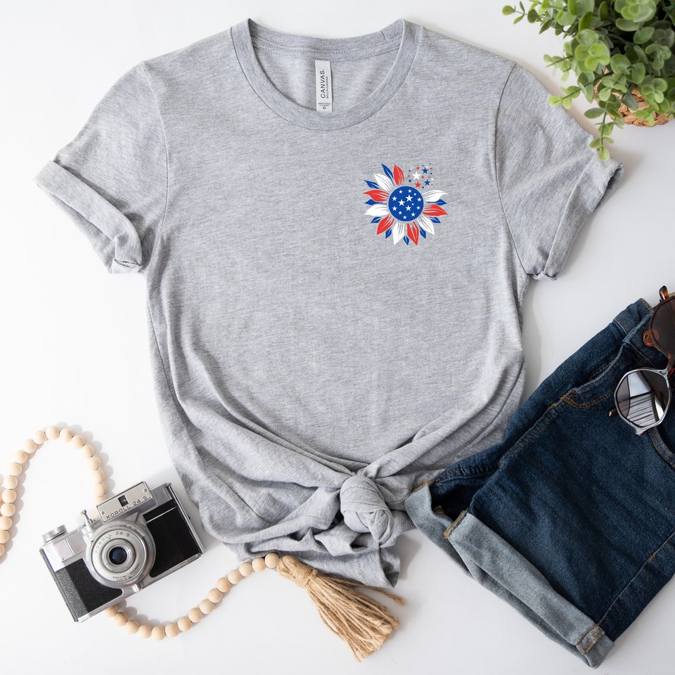 Discover USA Flag Sunflower Shirt, Pocket Design Shirt, Sunflower Shirt, USA Flag Shirt, Fourth of July Shirt