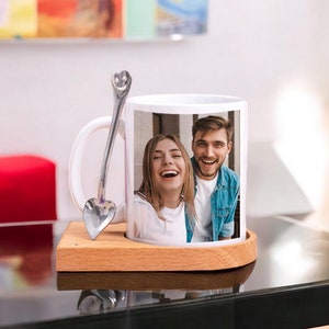 Custom Photo Mug with Wooden Coaster and Spoon Set, Personalized Coffee Mug with Picture, Perfect Photo Gift for Coffee Lovers, 11oz Tea Mug