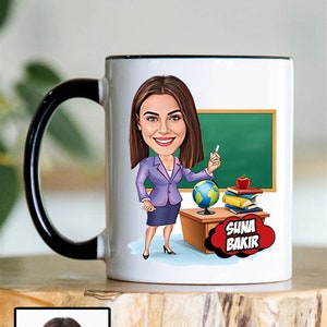 Leraar koffiemok voor vrouwen met karikatuur van foto, grappige leraar cadeau-ideeën, leraar karikatuur mok, nieuwe leraar cadeau, toekomstige leraar