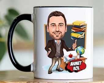 Custom Male Teacher Coffee Mug with Caricature from Photo, Personalized Cartoon Mug for Men Teacher, Funny Male Teacher Gift Ideas
