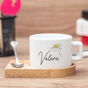 6oz Custom Daisy Cup with Name for Women, Female Daisy Cup Set with Wooden Coaster, Daisy Flower Cup, Daisy Flower Cup, Custom Daisy Gift
