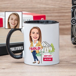 Caneca de café de corretor de imóveis com caricatura de foto, presente engraçado de corretor de imóveis para mulheres, presente feminino personalizado de corretor de imóveis, presente engraçado de agente de vendas de imóveis