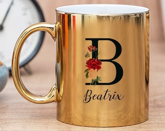 Taza de café con monograma de espejo personalizada con inicial, taza de oro brillante personalizada, taza con nombre de brillo de oro metálico, mejor taza de té de oro con flores