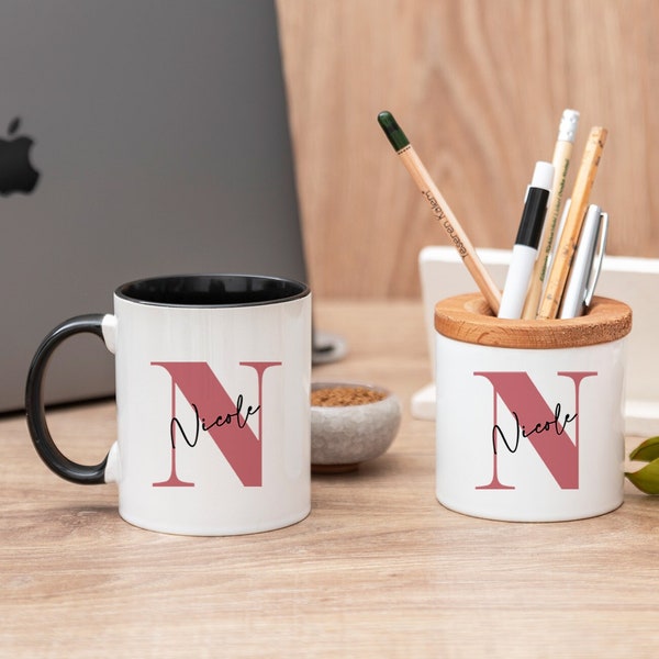 Custom Name Black Mug and Desktop Pen Holder Office Gift Set, Personalized Gift for Coworkers, Office Gift for Men, Desk Gift for Dad