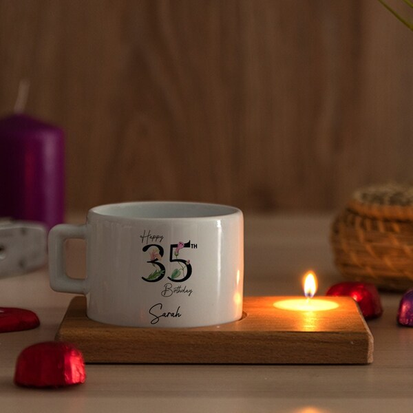 35th Birthday Gift for Her / Him, 35th Birthday Mug with Wooden Base and Candle, 35th Birthday Gift for Husband / Wife / Dad / Mom / Friend