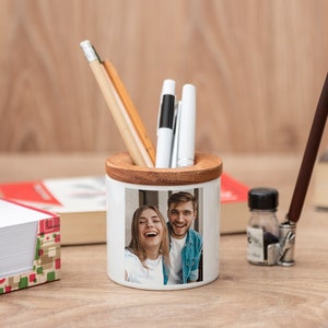 Personalized Photo Pen Holder for Desk, Photo Pen Pot, Ceramic Pencil Cup, Custom Picture Pencil Storage Pot with Wooden Lid