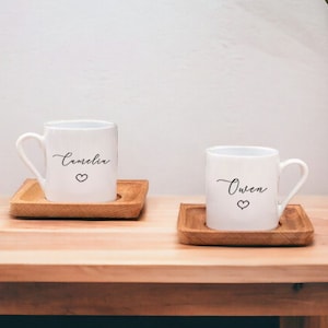 Personalized Espresso Cup Set of 2 with Wooden Saucer, Custom Name Turkish Coffee Cup, Custom Espresso Cup with Wooden Saucer