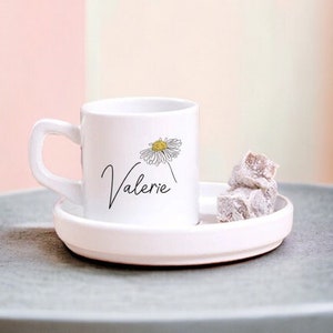 Espresso Coffee Cup and Saucer Set with Handle, Reusable Ceramic White Espresso Shot Cup and Plate, Custom Turkish Greek Armenia Arabic Cup