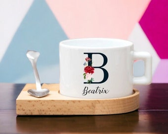 3 pcs Personalized Tea Cup with Wooden Saucer, Custom Tea Cup Saucer and Spoon, Custom Name Tea Cup and Saucer Set, Alphabet Tea Cup