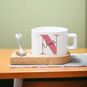 3 pcs Personalized Tea Cup with Wooden Saucer, Custom Tea Cup Saucer and Spoon, Custom Name Tea Cup and Saucer Set, Alphabet Tea Cup
