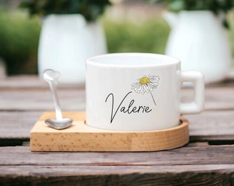 3 piezas de taza de té personalizada con platillo de madera, platillo y cuchara de taza de té personalizados, juego de taza de té y platillo de nombre personalizado, taza de té del alfabeto