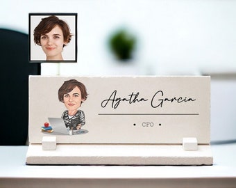 Funny Desk Name Plate for Women, Custom Desk Sign for Office with Caricature, New Job Gift for Her, Job Promotion Gift for Women