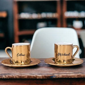Personalized Gold Espresso Cup Set Of 2, Ceramic Espresso Cup and Saucer Set, Shiny Cute Espresso Cup Set of 2, Name Turkish Coffee Cup Set