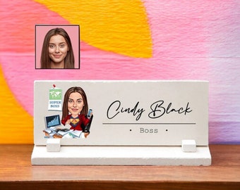 Boss Desk Name Plate for Women with Caricature, Female Boss Lady Desk Sign, Custom Boss Lady Office Gift Ideas, Funny Boss Lady Gift Ideas