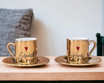 Personalized Gold Espresso Cup Set Of 2, Ceramic Espresso Cup and Saucer Set, Shiny Cute Espresso Cup Set of 2, Name Turkish Coffee Cup Set