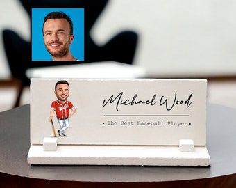 Baseball Player Nameplate, Funny Baseball Gift for Him, Baseball Plaque, Baseball Cartoon, Baseball Caricature, Baseball Desk Decor