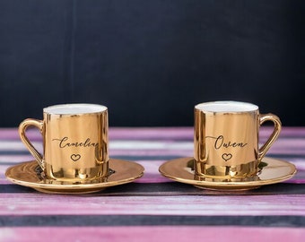 Personalized Gold Espresso Cup Set Of 2, Ceramic Espresso Cup and Saucer Set, Shiny Cute Espresso Cup Set of 2, Name Turkish Coffee Cup Set