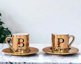Personalized Gold Espresso Cup Set Of 2, Ceramic Espresso Cup and Saucer Set, Shiny Cute Espresso Cup Set of 2, Name Turkish Coffee Cup Set
