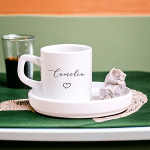 Espresso Coffee Cup and Saucer Set with Handle, Reusable Ceramic White Espresso Shot Cup and Plate, Custom Turkish Greek Armenia Arabic Cup