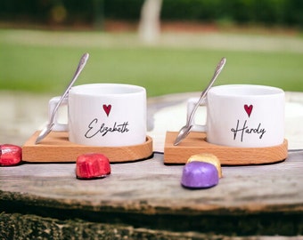 x2 Personalized Tea Cup with Wooden Saucer, Custom Tea Cup Set, Tea Cup Saucer and Spoon Set, Custom Name Tea Cup Set, Couple Tea Cup Set