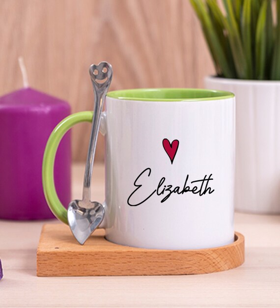 Personalized Green Handle Mug With Wooden Coaster and Spoon, Personalized Coffee  Mug With Name, Custom Name Mug, Cute Coffee Mug Set 