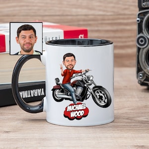 Custom Motorcycle Coffee Mug with Caricature from Photo, Motorcycle Gift for Men, Motorcycle Lover Gift Ideas, Motorcycle Dad Birthday Gift